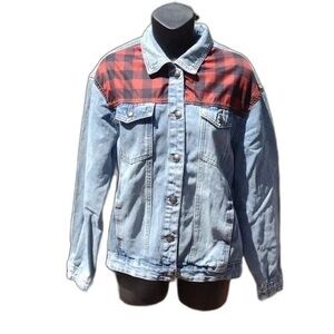 Light Blue Denim Jacket with Red Plaid Yoke